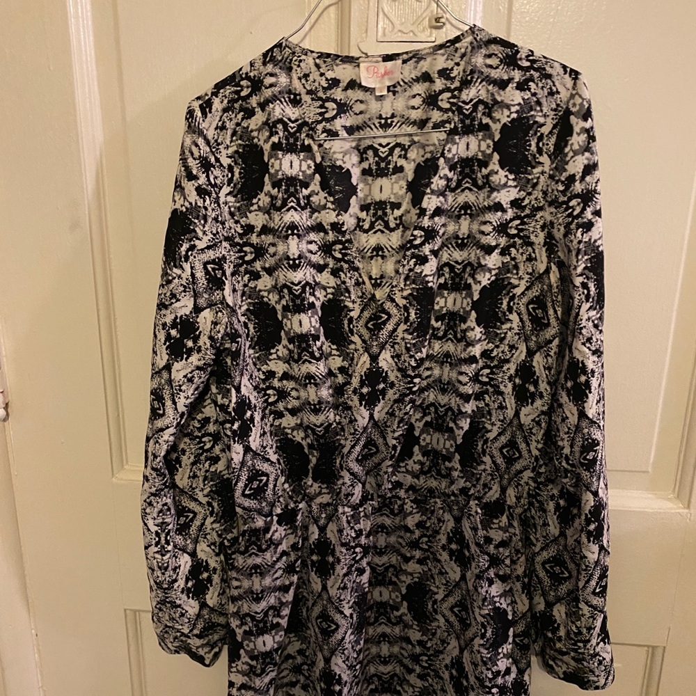 Parker silk tunic dress sleeves short high low L